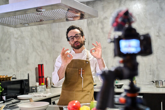 Chef creating cooking video for social media content
