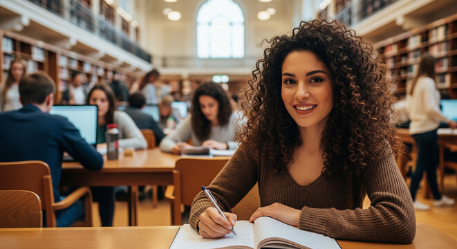 A smiling woman with curly hair working on a laptop in a bustling cafe, representing remote work, freelancing, and modern lifestyle