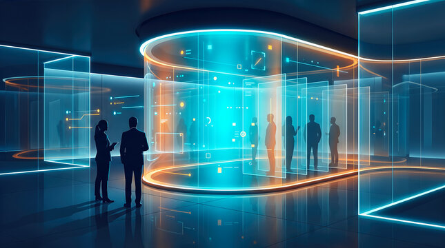 Silhouettes of people around a transparent glowing talent pool chamber. Futuristic neon cyan and orange digital interface. Concept of advanced corporate networking and data analysis