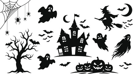 Fototapeta premium Happy helloween day spooky black silhouettes of haunted house ghosts bats spiders pumpkins and witch
