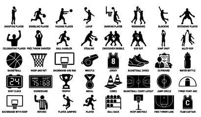 Fototapeta premium Basketball Sports Silhouette Icons Mega Collection with Players Equipment and Game Elements Vector