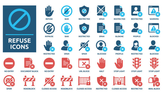 Refuse Icons Vector Set with Block, Restriction, and Denial Symbols Isolated on White