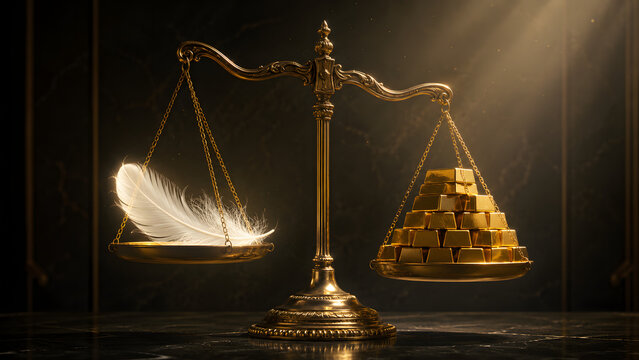 Golden justice scale 3d loop rendering balancing a light feather against heavy gold bars representing concept of moral value and weight