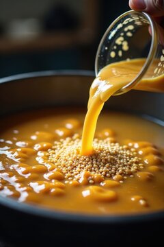 Mashing process in mash tun with grains and water mixture, fermentation, extraction, brewing