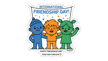 Fototapeta premium International Friendship Day Celebration: Three cartoon children, diverse in color and expression, embrace under a banner proclaiming International Friendship Day, symbolizing unity and lasting bonds.