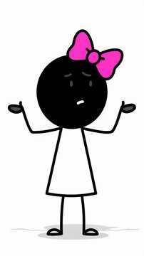 Shrugging stick figure girl with pink bow.