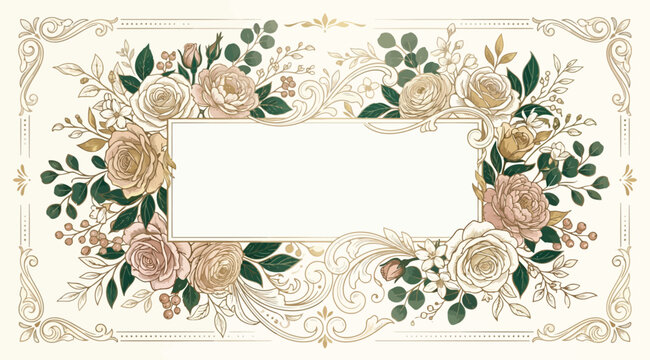 Vintage elegant floral frame with roses and gold ornaments, blank banner template for wedding invitation, greeting card, certificate or label background
