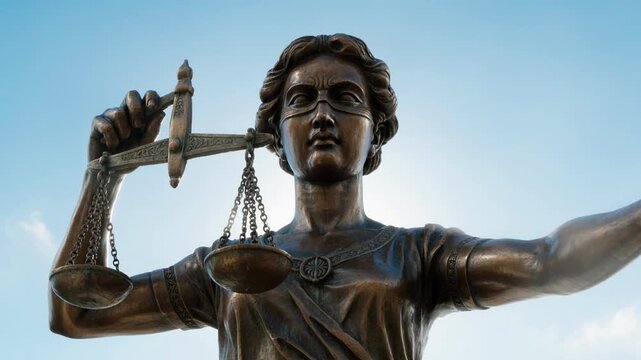 Lady Justice bronze statue with scales against a blue sky background