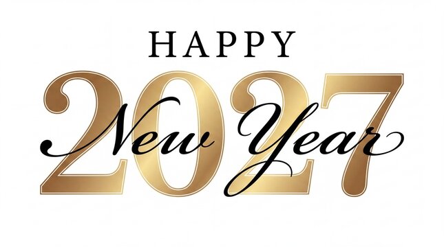 Happy New Year text in elegant black cursive lettering superimposed over large 2027 numbers with a golden gradient on a solid white background
