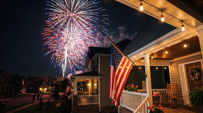 American flag on porch with fireworks at night