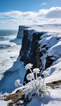 Frosted white flowers blooming on a snowy cliff edge overlooking the cold blue ocean