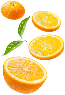 Sliced orange floating in the air isolated on a white background, with png file, for beverage marketing, citrus-flavored product branding, and premium food packaging design.