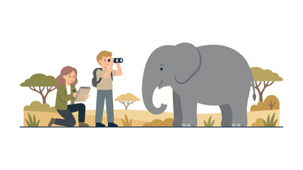 Elephant Observation Expedition: A woman kneels with a tablet while a man stands with binoculars, observing an elephant in its natural savanna habitat. © azizunnahar
