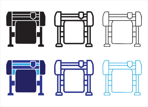Set of large format printing machine icons in black and blue solid and outline graphic variations.