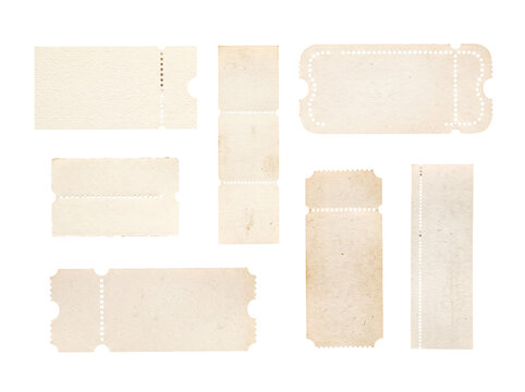 A collection of blank vintage paper tickets and stubs with perforation lines.