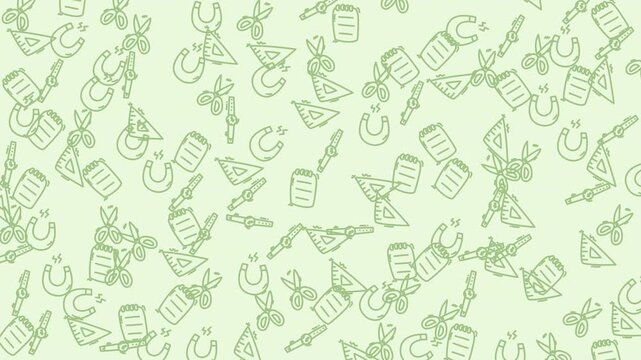 Green hand drawn school supplies pattern for educational projects, stationery designs, school events, back to school campaigns, and academic presentations.