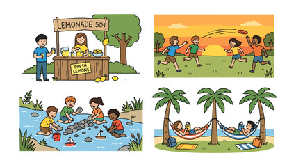 Naklejka premium Summer Fun Collage: A vibrant collage capturing the essence of summer with four delightful scenes: a lemonade stand, children playing frisbee at sunset, kids splashing in a river.