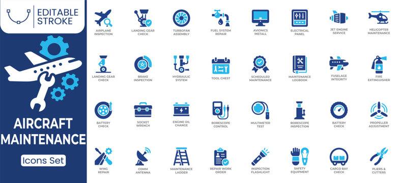 Aircraft maintenance icon set. Containing aircraft inspection, landing gear, turbofan engine, hydraulic system,  safety equipment, maintenance tools and more. Solid vector icons collection.
