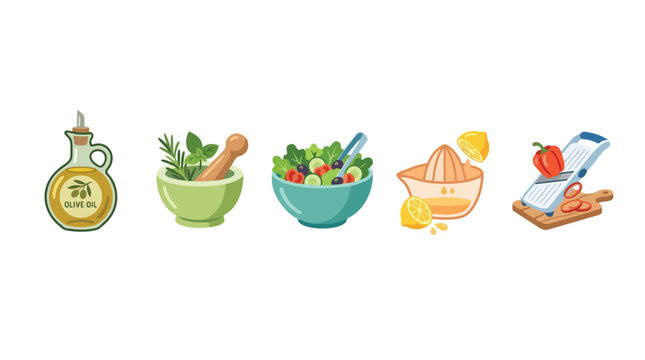 Set of kitchen tools and food items for healthy cooking illustration.