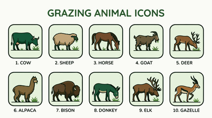 Obraz premium Grazing animal icons set, 10 vector livestock and wildlife illustrations, farm and nature herbivore symbols for educational infographics