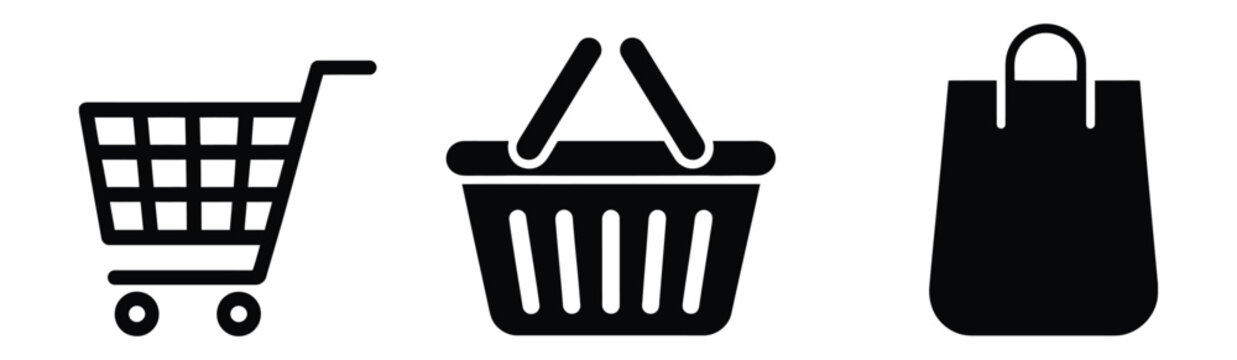 Shopping cart icons, set of shopping cart basket and bag symbols vector illustration, retail e-commerce concept, black outline minimal design isolated transparent background.