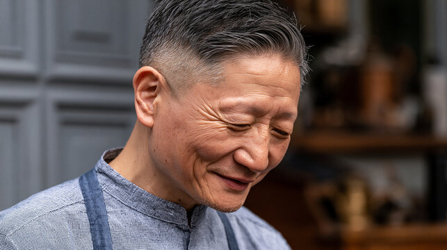 Asian artisan showing genuine contentment and happiness, a headshot of a mature craftsman looking down and smiling with wrinkles around his eyes