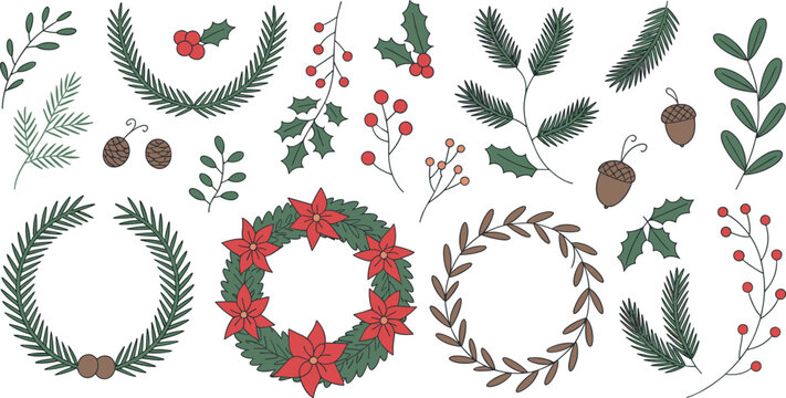 Christmas winter botanical element vector collection with pine wreaths holly berries acorns and green festive floral branches