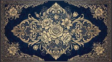 Vintage ornate floral pattern with intricate gold filigree on a deep navy blue background © Saharia