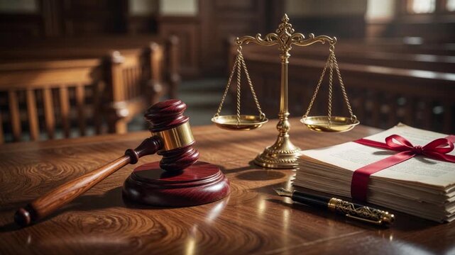 Wooden gavel and golden scales of justice with legal documents on courtroom desk