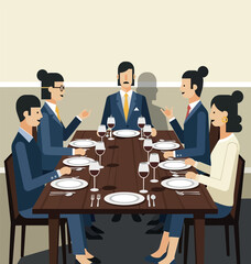 Obraz premium Business Corporate Dinner Vector Illustration: Flat Cartoon Professionals and Executives Having a Meeting at a Restaurant Table for Business Lunch, Corporate Event, Partnership, and Network Design