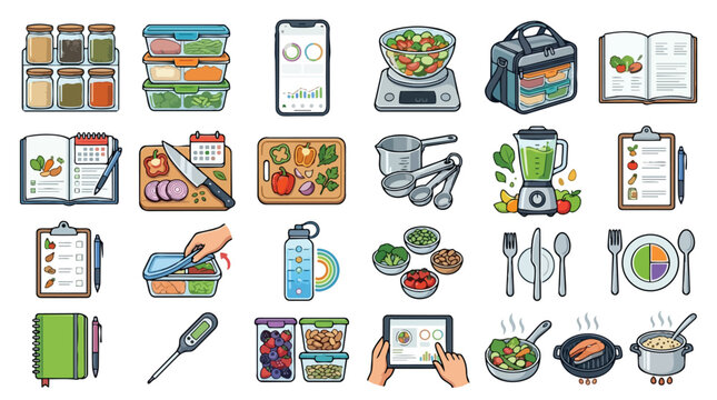 Set of hand drawn meal prep and healthy cooking equipment icons.
