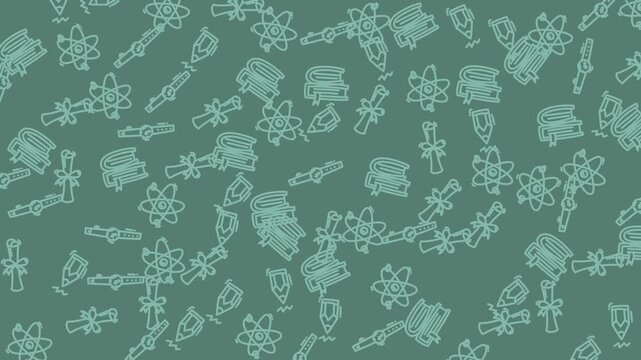 Green academicthemed background with atom symbols, diplomas, stacked books, simple light icons perfect for educational presentations, science websites, or book covers.