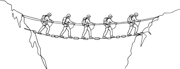 Continuous line drawing of mountain climbers group crossing a high rope bridge between cliffs, teamwork and adventure concept, minimalist vector © Abdul