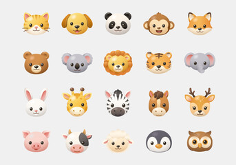 3D animal face icons in a kawaii cartoon style. Includes cat, dog, panda, rabbit, fox, bear, lion, tiger, elephant, monkey, giraffe, zebra, koala, pig, cow, sheep, horse, deer, penguin, and owl © chickenwwrrrap