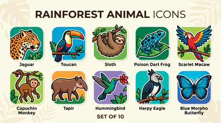 Fototapeta premium Rainforest animal icons set of 10, tropical jungle wildlife illustrations including jaguar and sloth, exotic amazon fauna vector collection