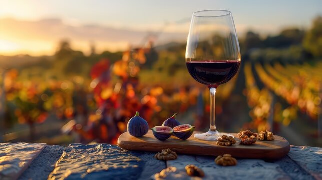 Red wine glass on stone wall with figs and vineyard rows at sunset for harvest festival banner and rustic tasting background