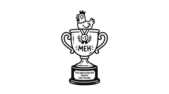 Funny Chicken Wearing Medal on Trophy with "MEH" and "Participation Trophy for Trying" Text