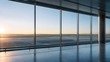 Fototapeta premium Airport Terminal Window with Empty Runway View at Sunrise