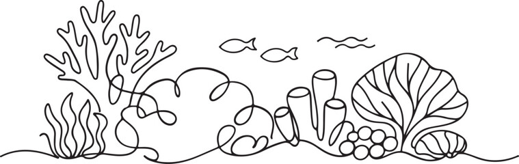 Coral reef underwater organism continuous line drawing, marine life and ocean nature minimalist illustration, sea ecosystem conservation art vector © Abdul