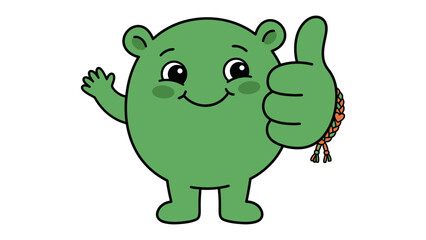 Fototapeta premium Thumbs Up Monster: A cute, round green monster with a friendly smile gives a thumbs-up gesture, its arm adorned with a colorful bracelet. A fun, positive.