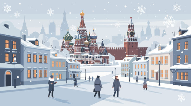 Moscow Red Square Winter Snowfall Pixel Art Illustration