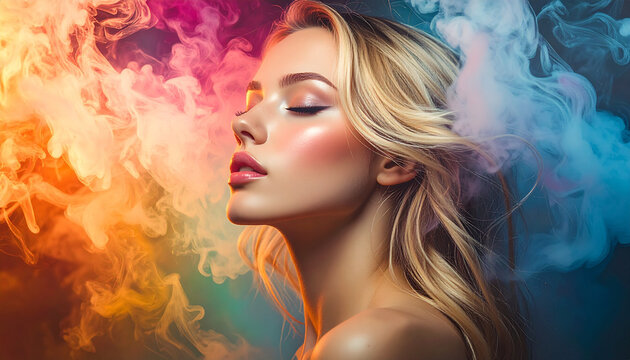 Woman with eyes closed amidst colorful swirling smoke