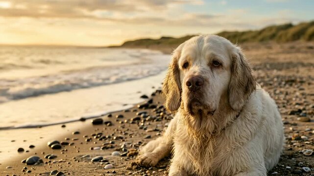 clumber spaniel dog on cannon beach oregon golden light close up video