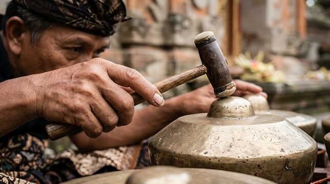 Indonesian musician playing traditional gamelan instrument