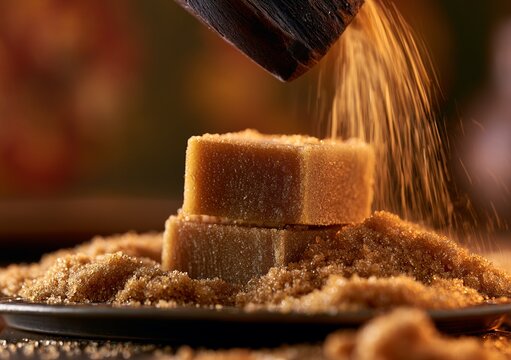 Two stacked brown sugar cubes or jaggery pieces on a dark surface with a wooden spoon stacked cubes