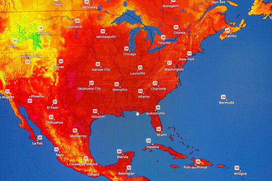Usa map with extreme heatwave temperature record graphic and global warming red concept for climate change