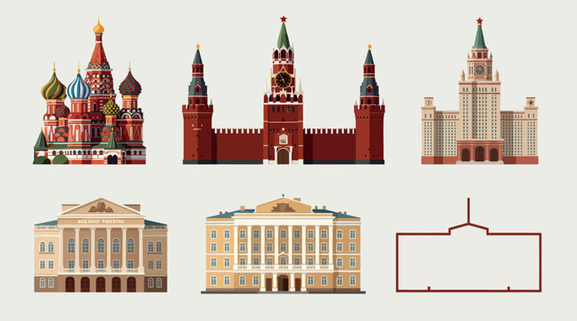 Famous Moscow landmark illustrations: Kremlin, St. Basil's, MSU