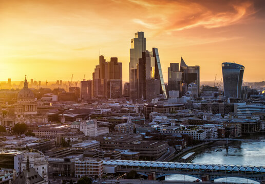 Aerial summer sunrise view of the City of London skyline