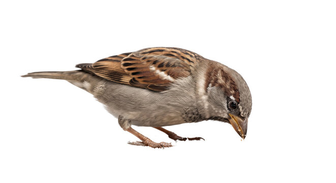 House sparrow bird looking down on black background