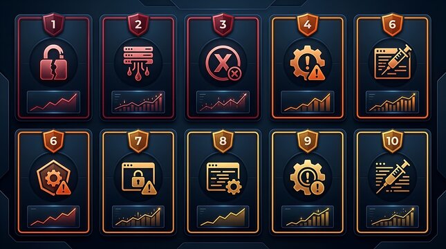 Cybersecurity threat levels and system vulnerability dashboard icons